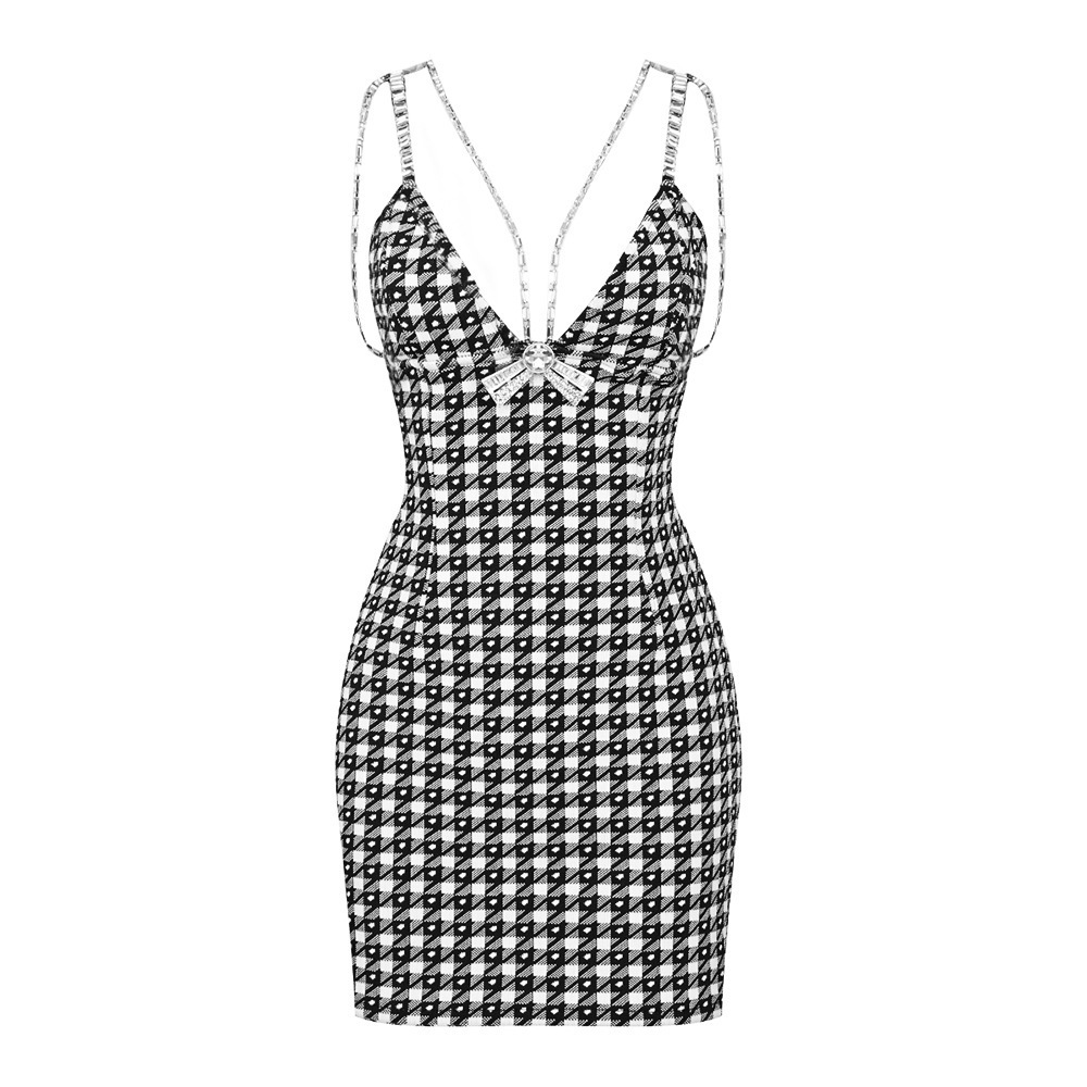 C3370 Italy new pattern mini sheath dress plaid beaded sexy backless nightclub dress