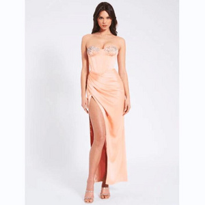 A8808 Fashionable Satin Evening Dress Elegant Stylish Bodycon Off-the Shoulder Crystal Design High Slit Dress Women Midi Dress