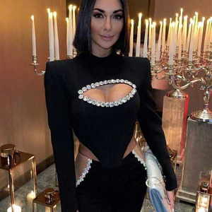 C3051  	fashion women dresses bandage longsleeve cut-out design diamond decoration midi dresses sexy dresses