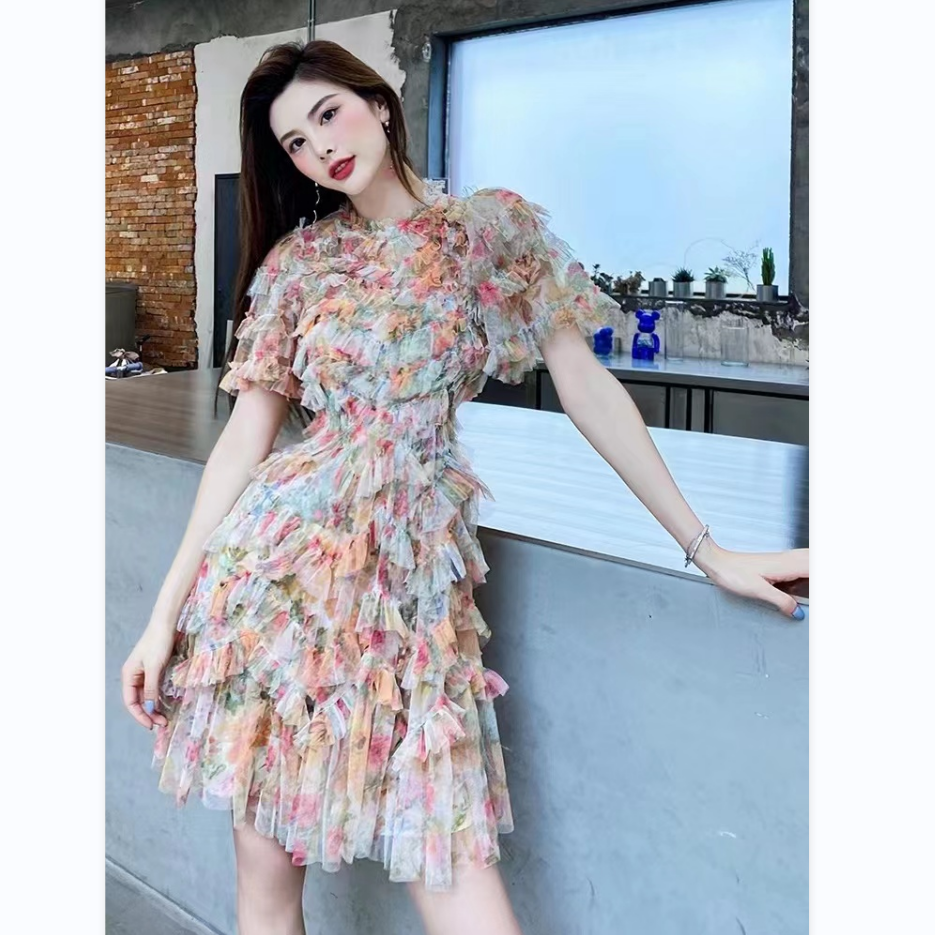 A7633  Ready to ship clothing women floral Cascading Ruffle Design Chiffon  short mini dress 2023 summer trend