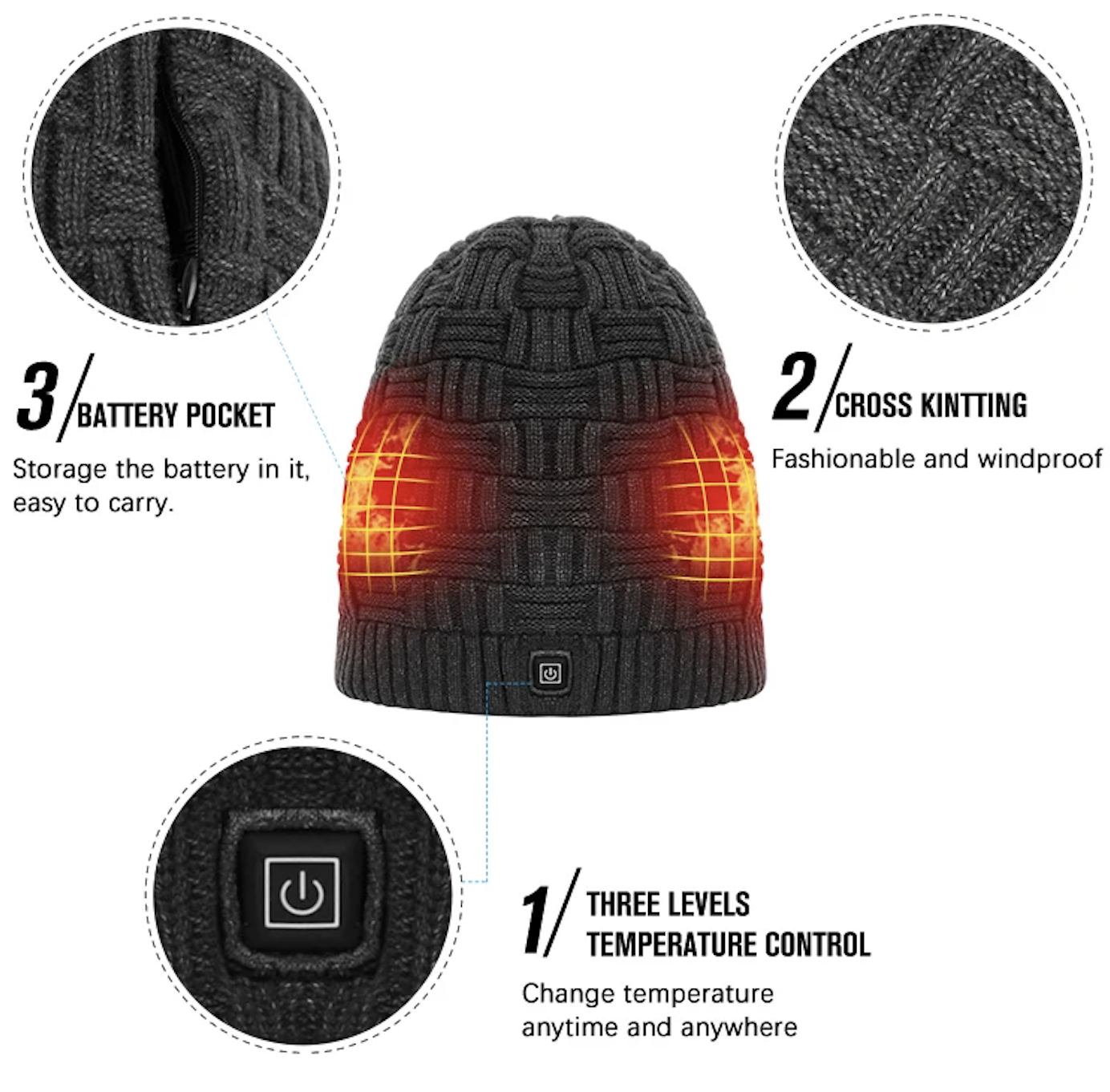 Winter Outdoor Sports Safety Heated Hat Cuff Beanie Head Warmer Temperature Adjustment Heating Hat for Wholesale Sports Caps