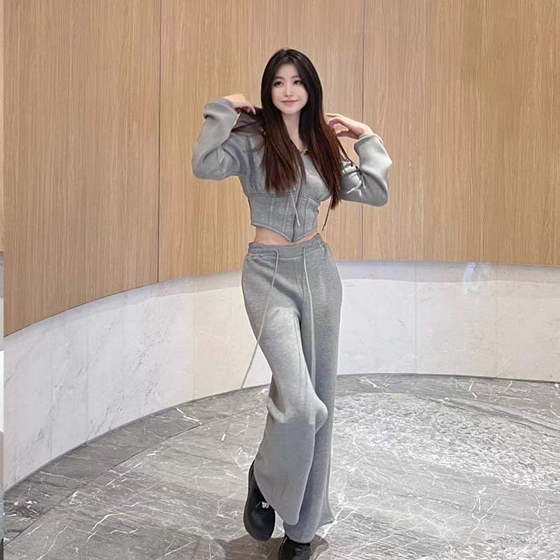 2023 new arrival sportswear gray cotton hoodie sweatpants casual urban two-pieces tracksuit for women