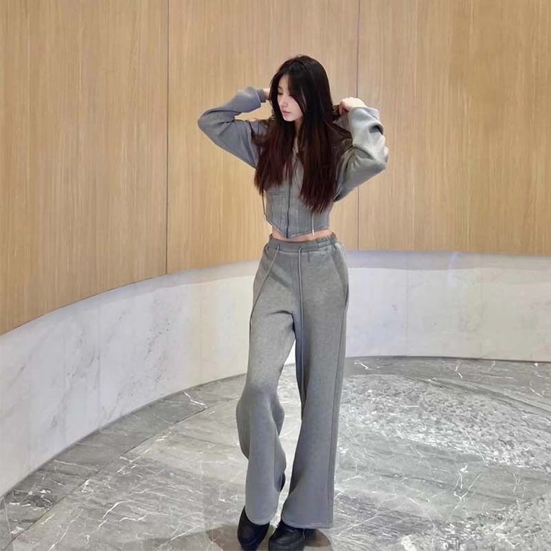 2023 new arrival sportswear gray cotton hoodie sweatpants casual urban two-pieces tracksuit for women