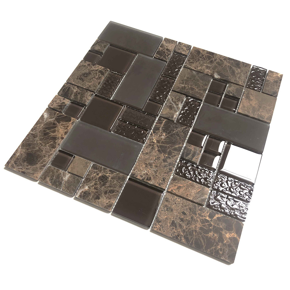 China Wholesale Random Size Brick Brown Glass and Dark Brown Emperador Marble Mosaic Glass Tile