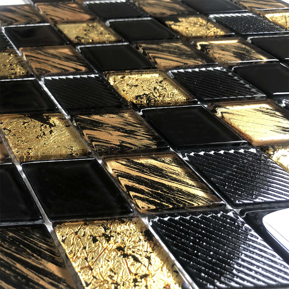 Modern Design Black and Gold Rhombus Diamond Shape Glass Mosaic Tiles for Residential Hotel Restaurant Wall Backsplash