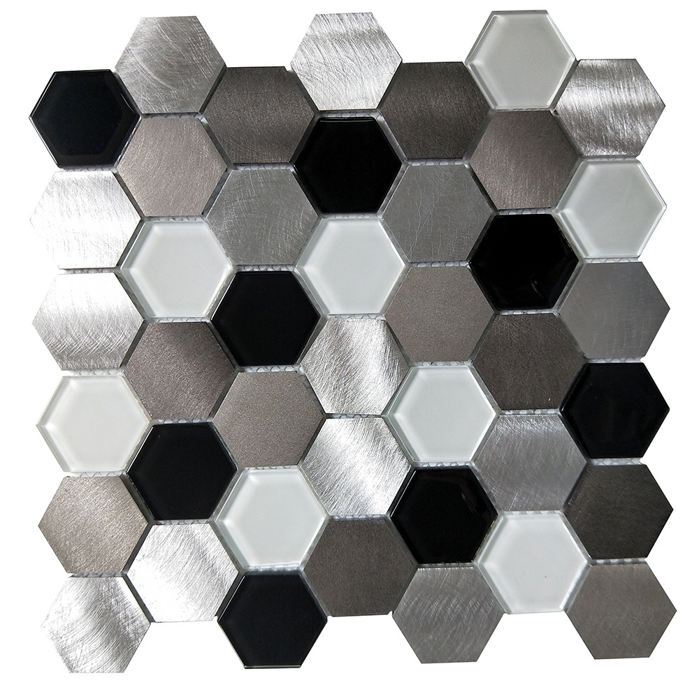 Black and White Grain Hexagon Glass and Stone Marble Mosaic Tiles for Bathroom Kitchen Backsplash