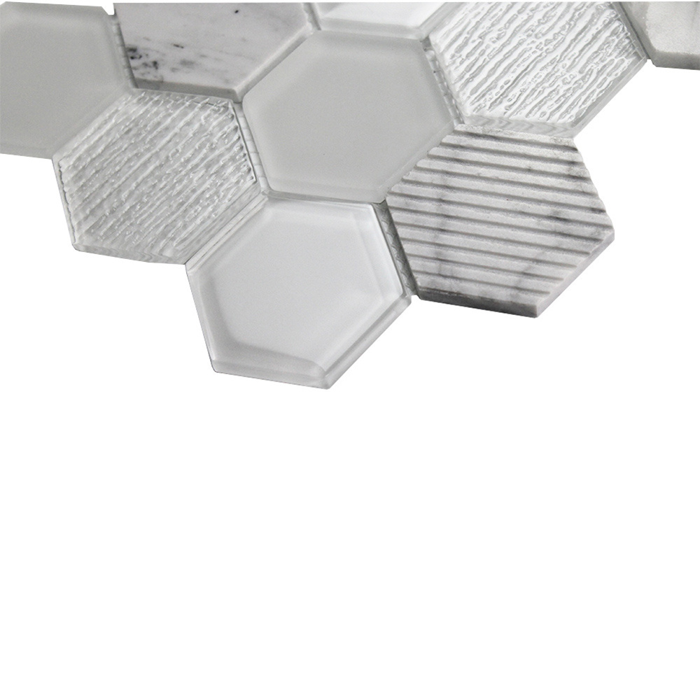 Premium Popular New Hexagon White Glass and Marble Mosaic Tile for Kitchen Bathroom Backsplash Wall