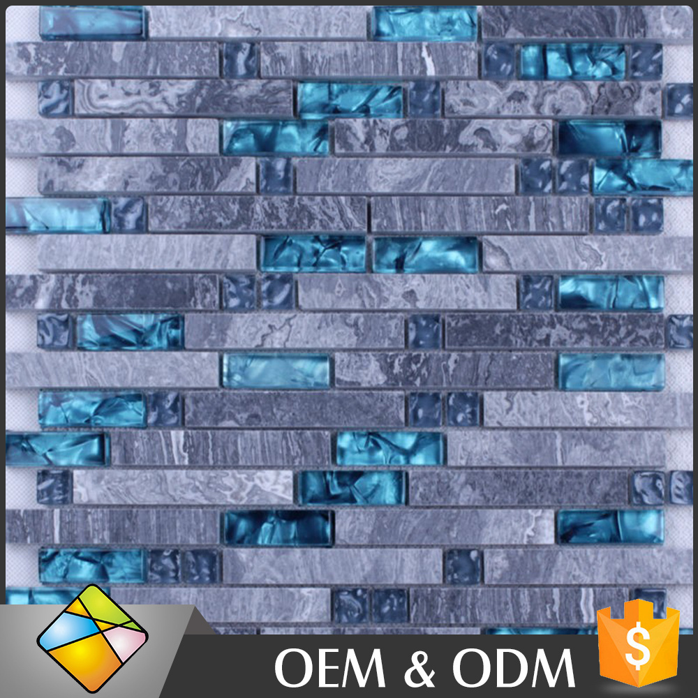 China Alibabaa Hot Sale Grey Stone Blue Glass Crystal Backsplash Wall Mosaic Tiles