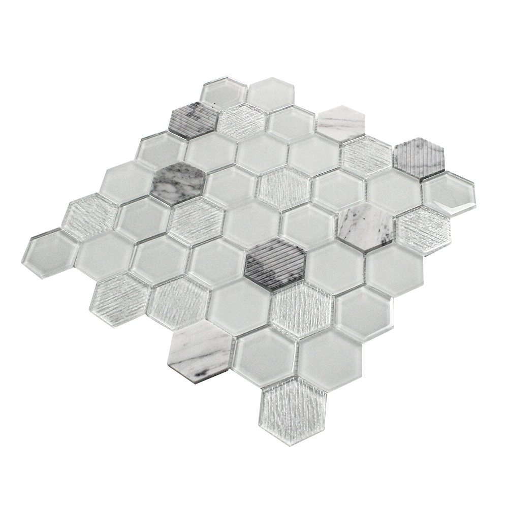 Premium Popular New Hexagon White Glass and Marble Mosaic Tile for Kitchen Bathroom Backsplash Wall