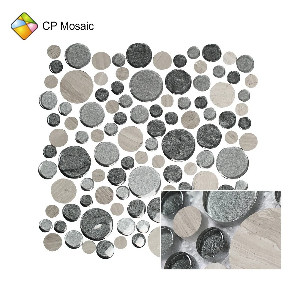 Acrylic Unique Elegant Water Proof 3D Pebble Glass Mix Stone Penny Round Mosaic Grid Tiles For Crafts from Foshan Factory