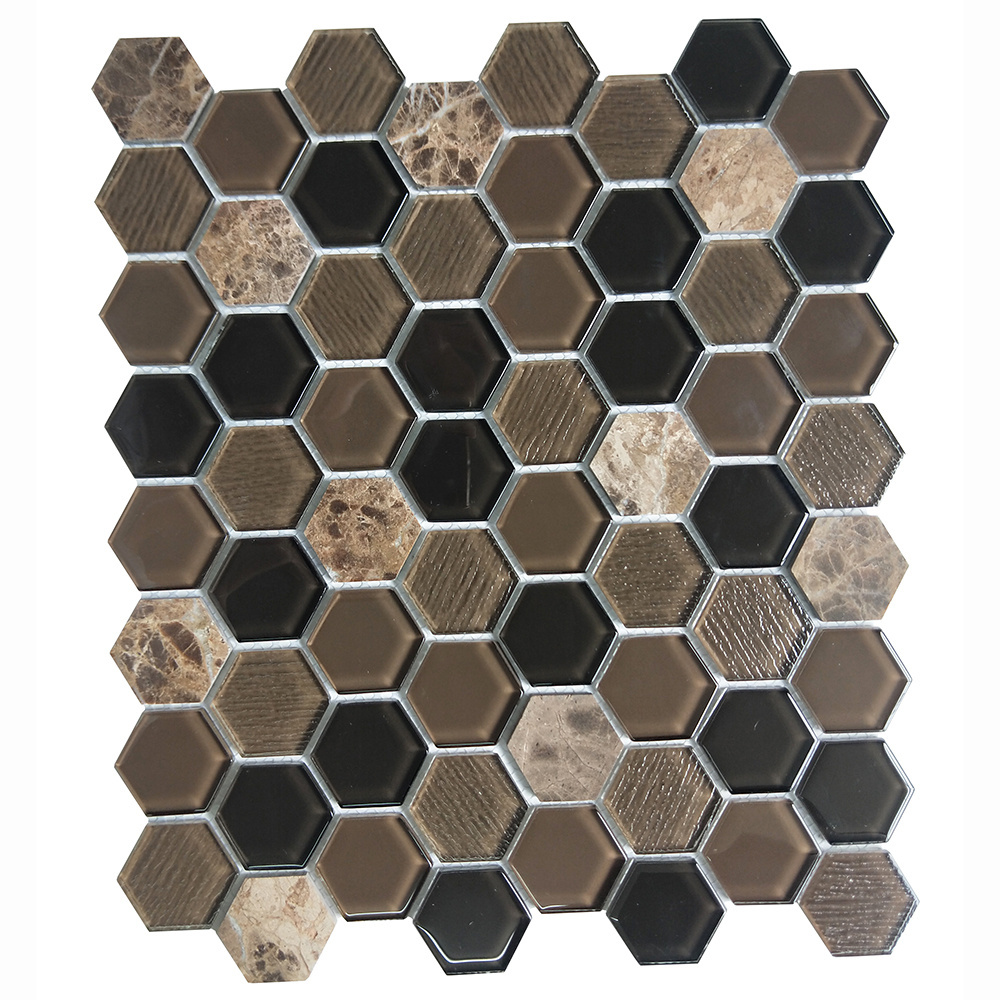 Black and White Grain Hexagon Glass and Stone Marble Mosaic Tiles for Bathroom Kitchen Backsplash