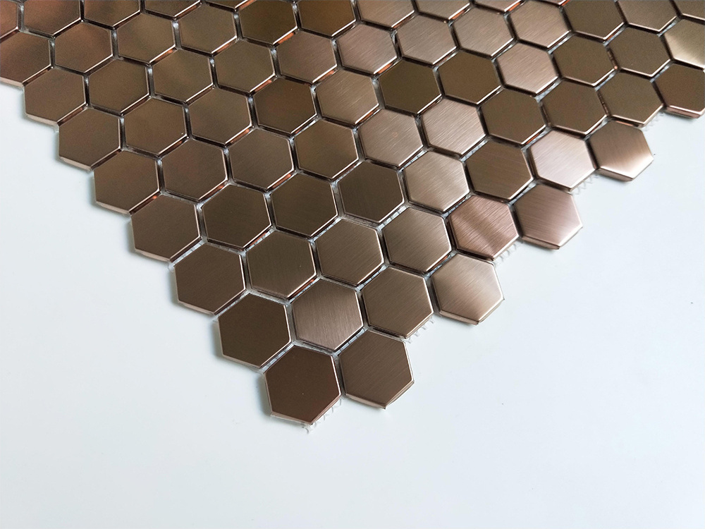 China Wholesale Premium Hexagon Brushed Bronze Copper Stainless Steel Mosaic Tile Backsplash