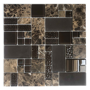 China Wholesale Random Size Brick Brown Glass and Dark Brown Emperador Marble Mosaic Glass Tile