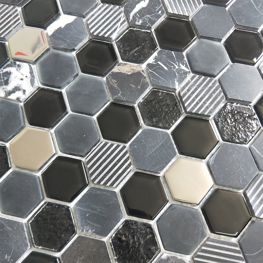 Black and White Grain Hexagon Glass and Stone Marble Mosaic Tiles for Bathroom Kitchen Backsplash