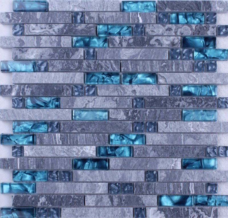 China Alibabaa Hot Sale Grey Stone Blue Glass Crystal Backsplash Wall Mosaic Tiles