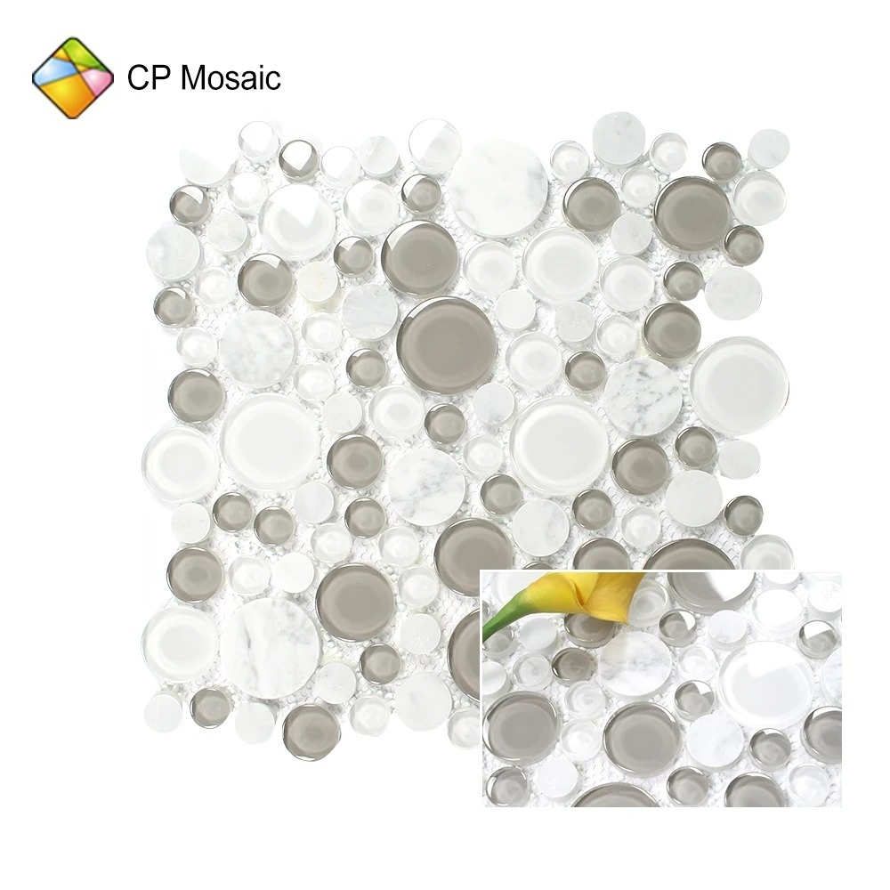 Acrylic Unique Elegant Water Proof 3D Pebble Glass Mix Stone Penny Round Mosaic Grid Tiles For Crafts from Foshan Factory