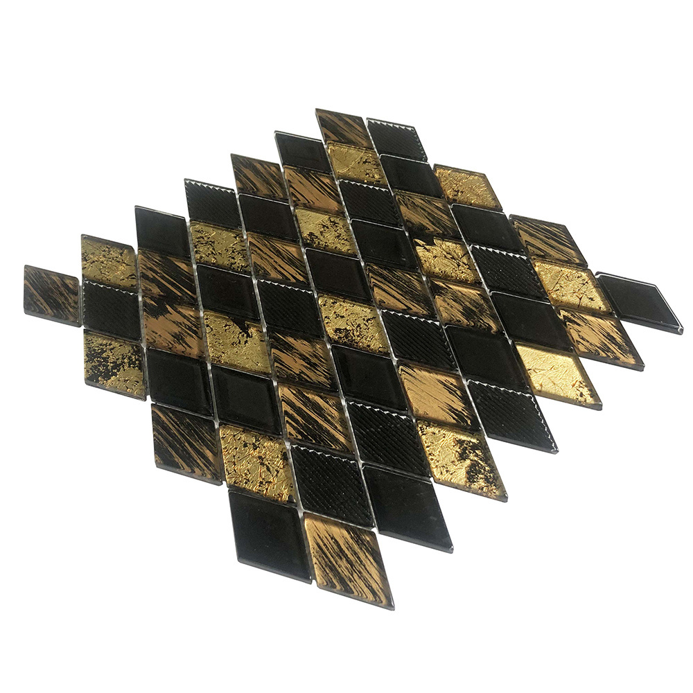 Modern Design Black and Gold Rhombus Diamond Shape Glass Mosaic Tiles for Residential Hotel Restaurant Wall Backsplash