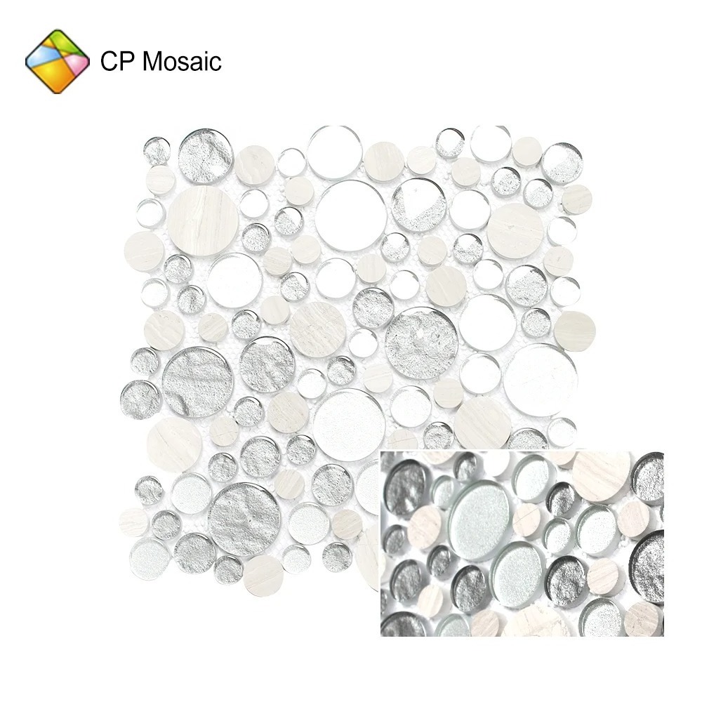 Acrylic Unique Elegant Water Proof 3D Pebble Glass Mix Stone Penny Round Mosaic Grid Tiles For Crafts from Foshan Factory