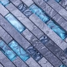 China Alibabaa Hot Sale Grey Stone Blue Glass Crystal Backsplash Wall Mosaic Tiles