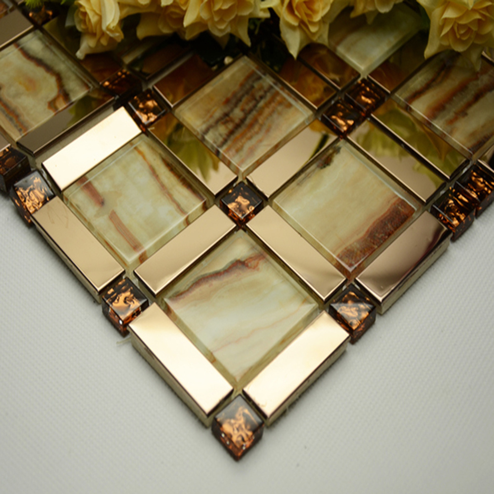 Wholesale price glass mosaic wall decoration rose gold stainless steel plastic glass mosaic tile in China