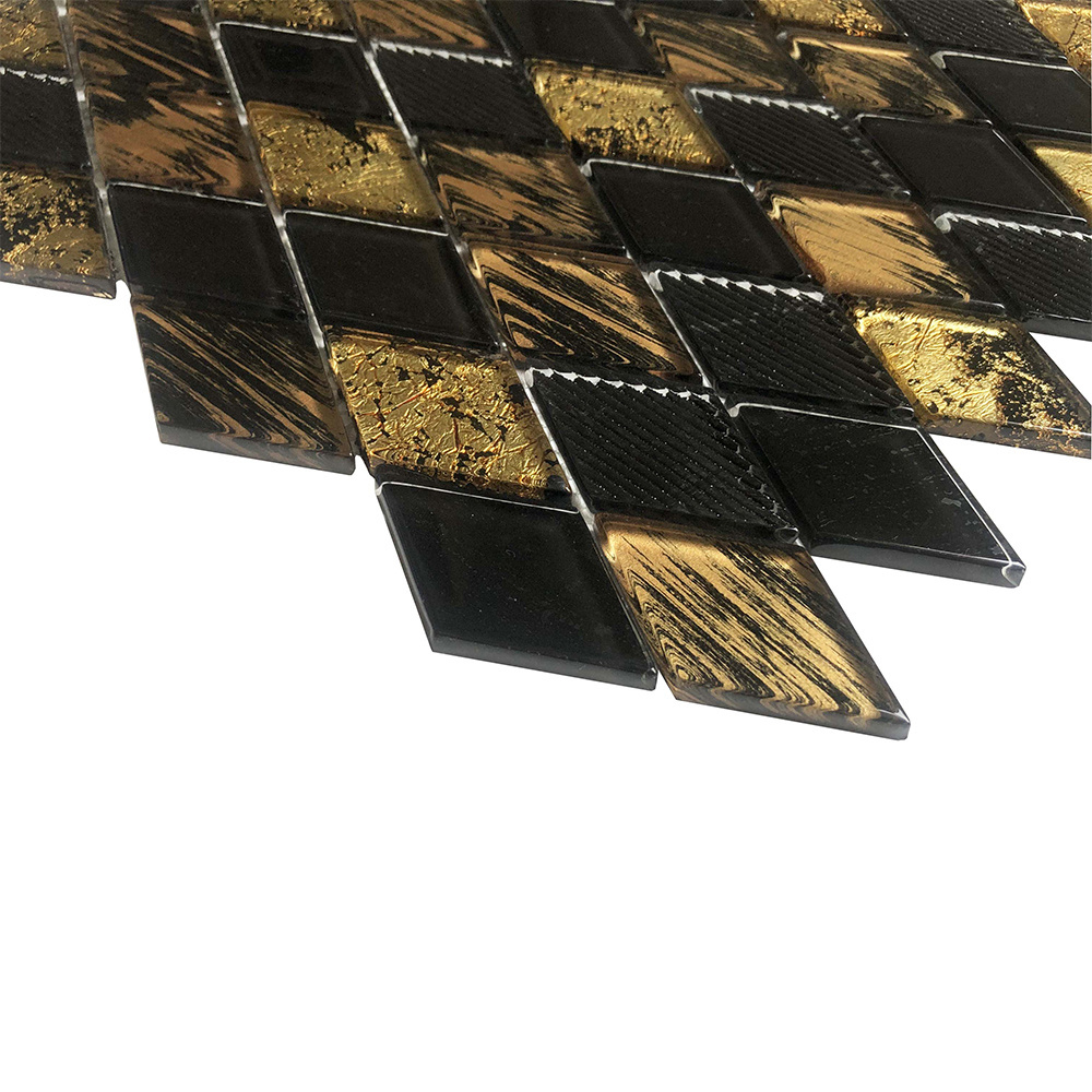 Modern Design Black and Gold Rhombus Diamond Shape Glass Mosaic Tiles for Residential Hotel Restaurant Wall Backsplash