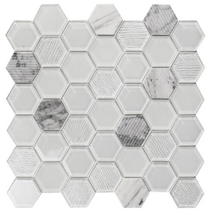 Premium Popular New Hexagon White Glass and Marble Mosaic Tile for Kitchen Bathroom Backsplash Wall