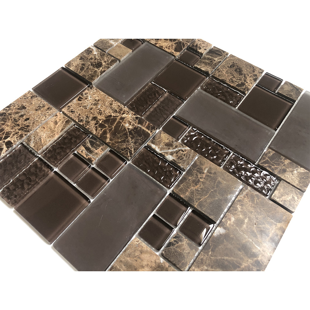 China Wholesale Random Size Brick Brown Glass and Dark Brown Emperador Marble Mosaic Glass Tile