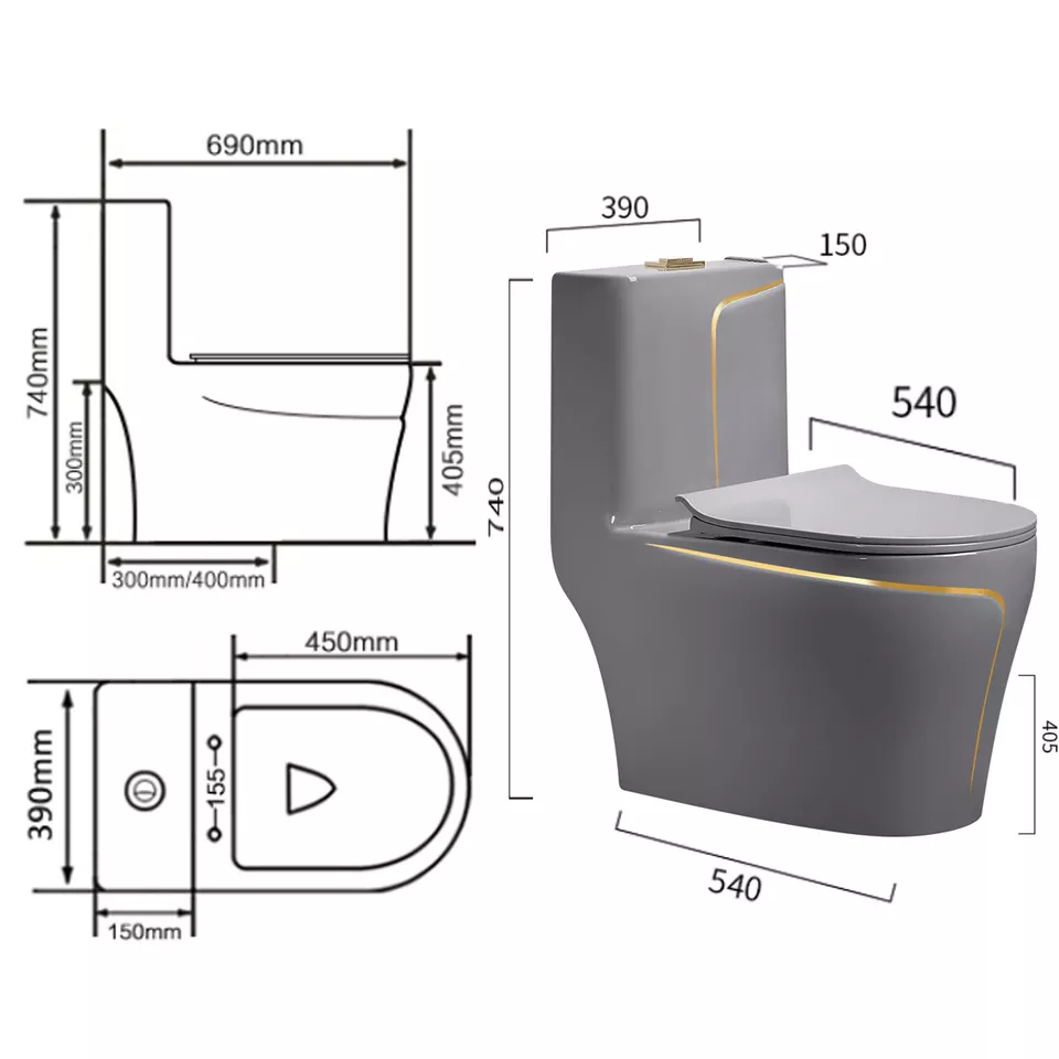 Fashion Design Ceramic Grey One Piece Toilet Powerful Flush Floor Mounted wc Color Toilet