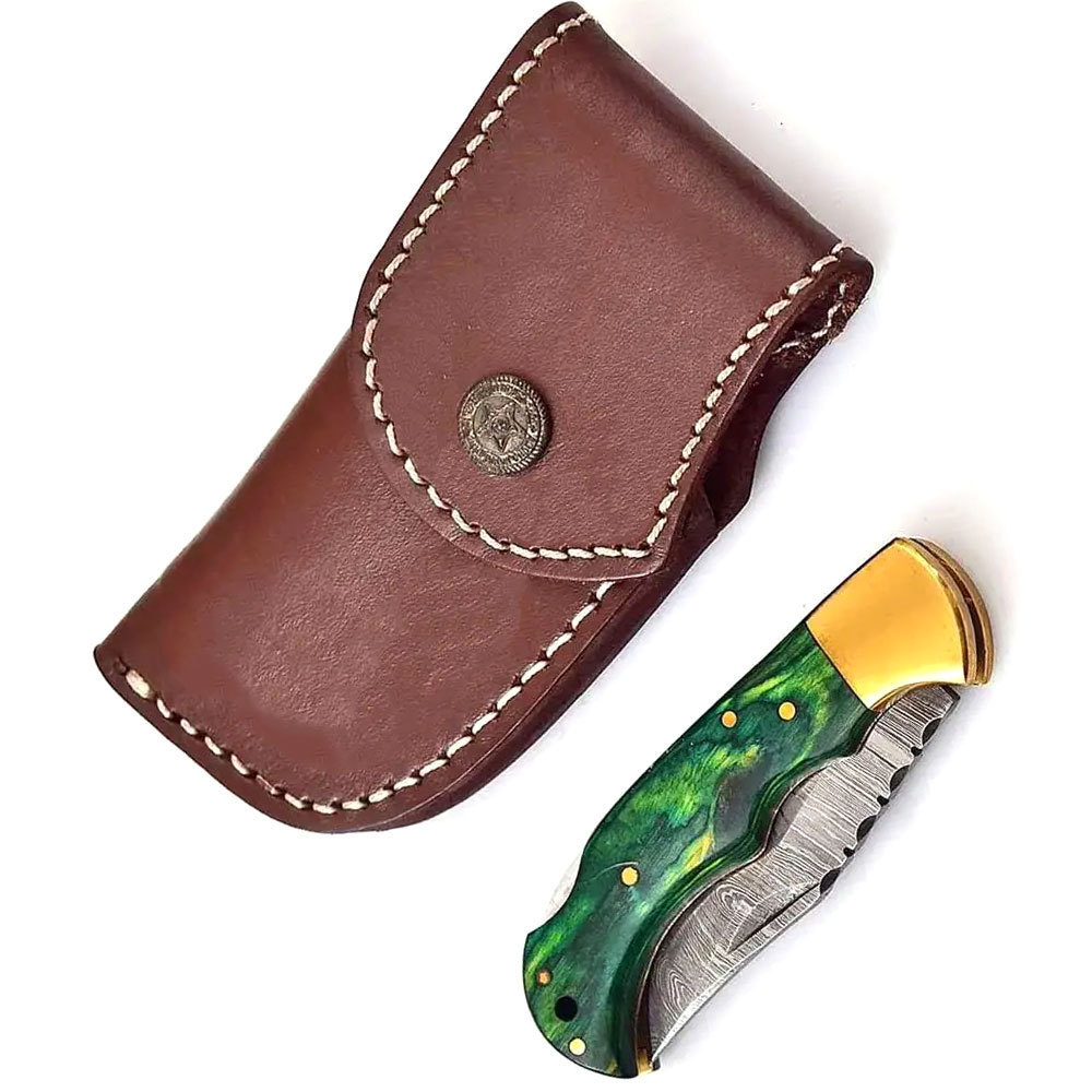 Handmade Damascus Pocket Knife With Carbon Fiber Custom Color Handle With Genuine Leather Pouch & Sharpener