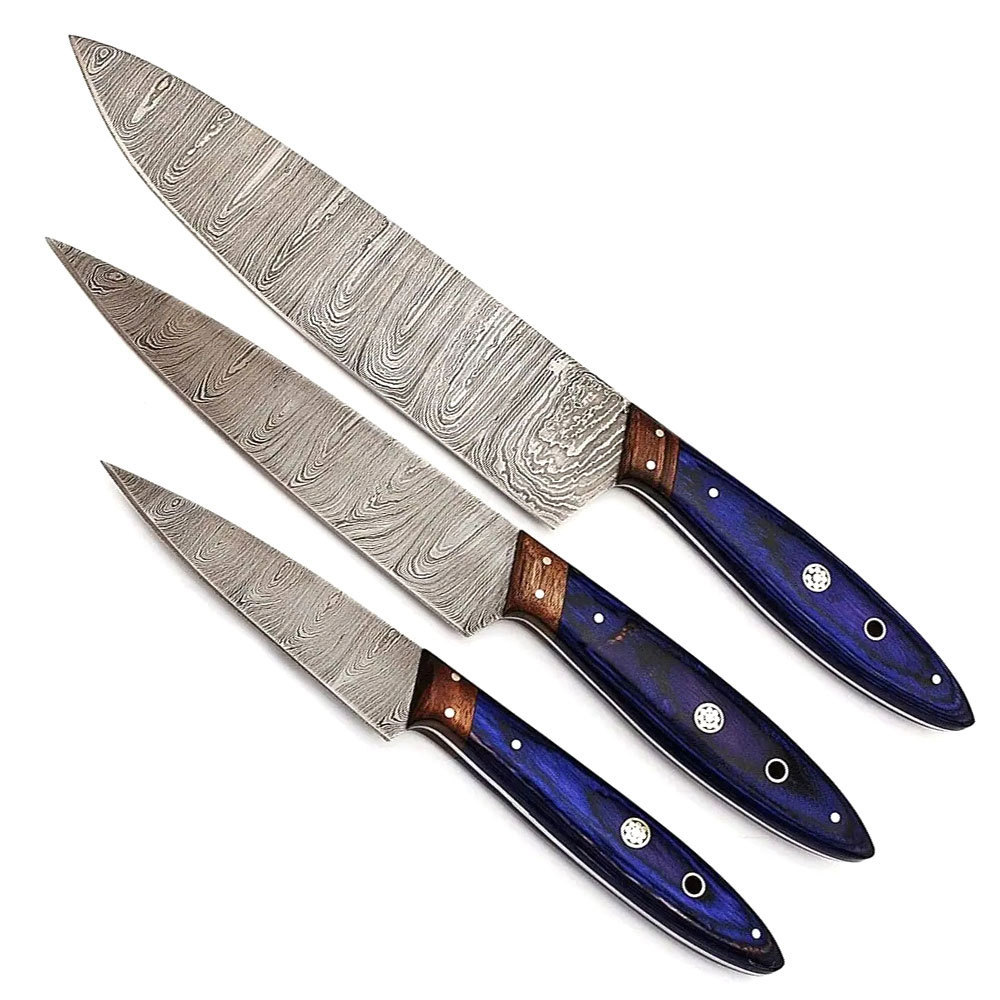 3 In 1 Kitchen Chef Knife Set Hotel Damascus Pattern Stainless Steel Custom Size