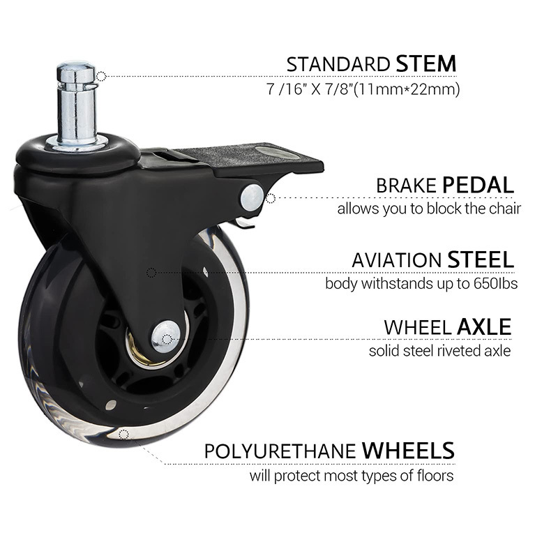 Premium 3 Inch Rubber Caster Wheels Replacement Black Style Swivel Casters With Brake