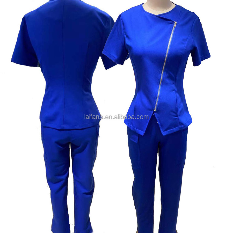 Short Sleeve Spandex Stretchy Hospital Nursing Uniform Jogger Scrubs With Zipper Pockets