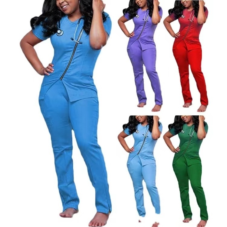 Short Sleeve Spandex Stretchy Hospital Nursing Uniform Jogger Scrubs With Zipper Pockets