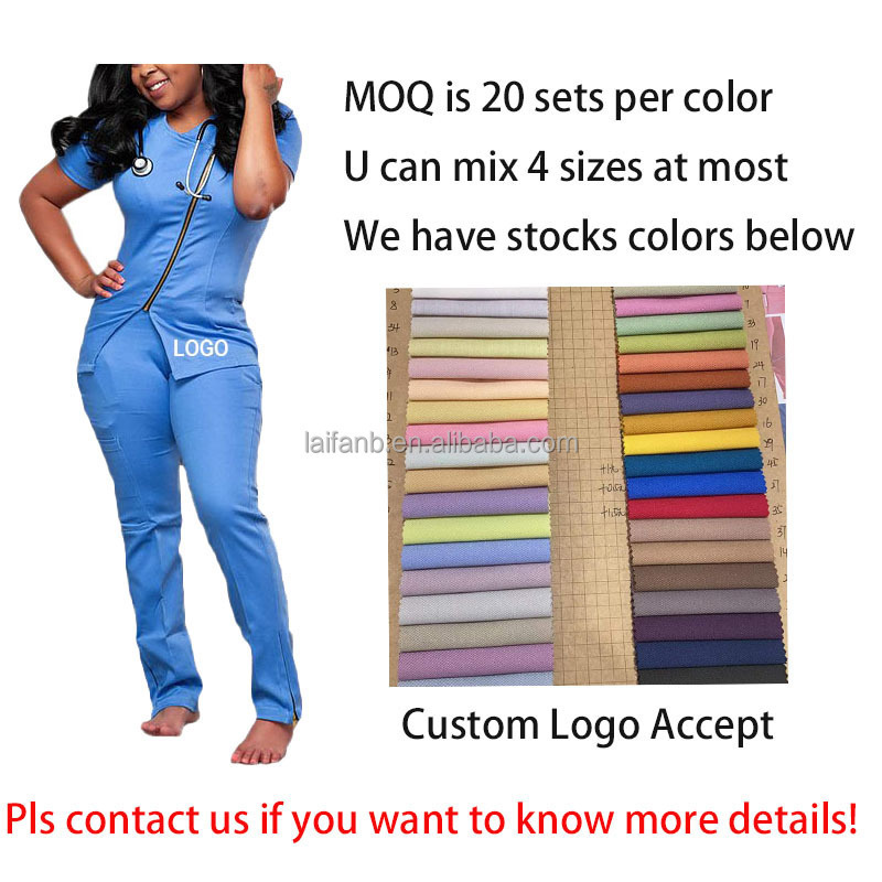 Short Sleeve Spandex Stretchy Hospital Nursing Uniform Jogger Scrubs With Zipper Pockets