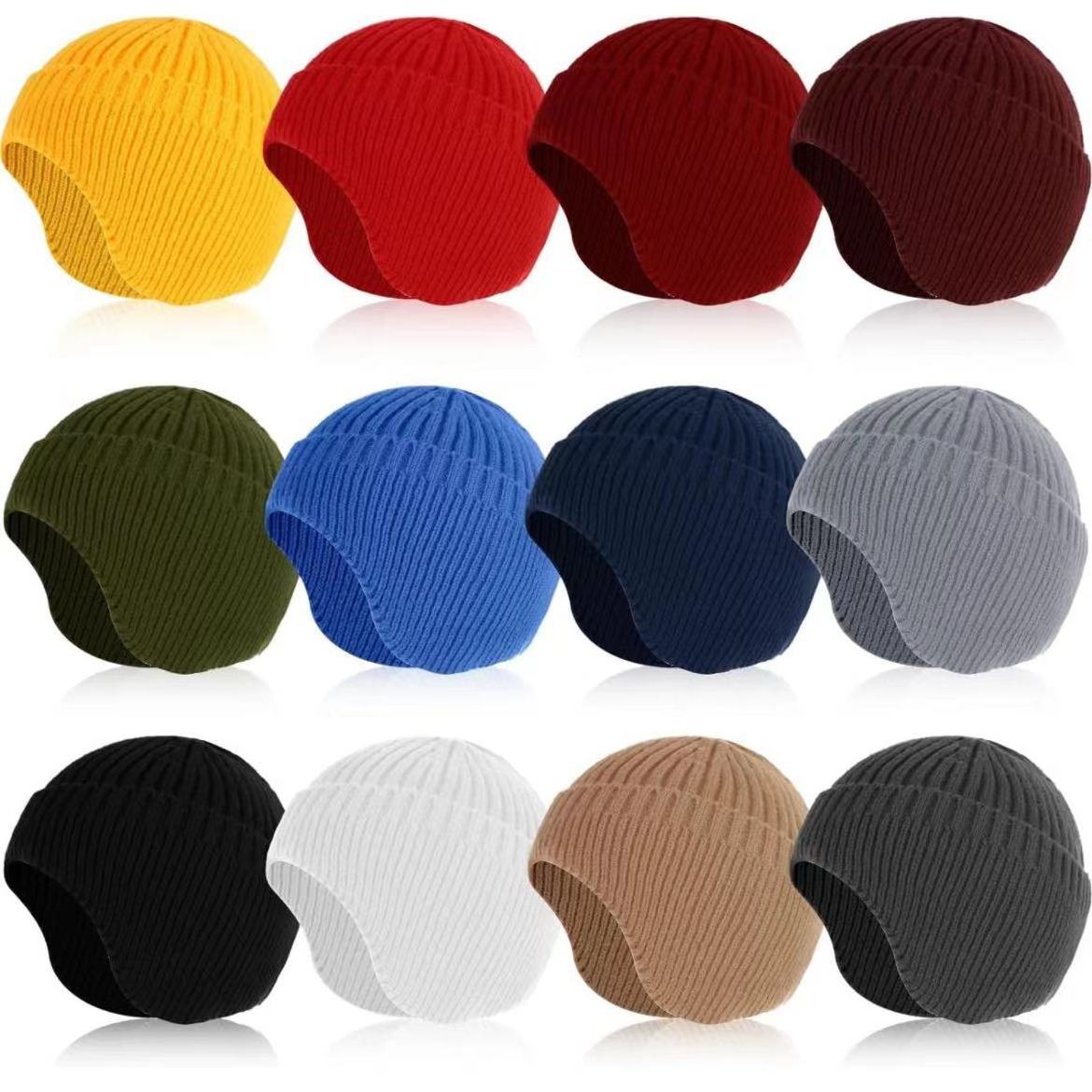 Outdoor Winter Beanie Hats Plain Color Unisex Knitting Skull Caps Hat With Ear Flaps