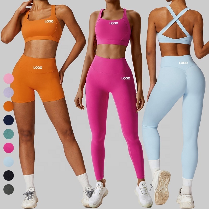 2024 Summer Workout Sets Women 2/3 pcs Gym Fitness Activewear Set Yoga Wear Cross Hollow Back Sports Bra Leggings Set