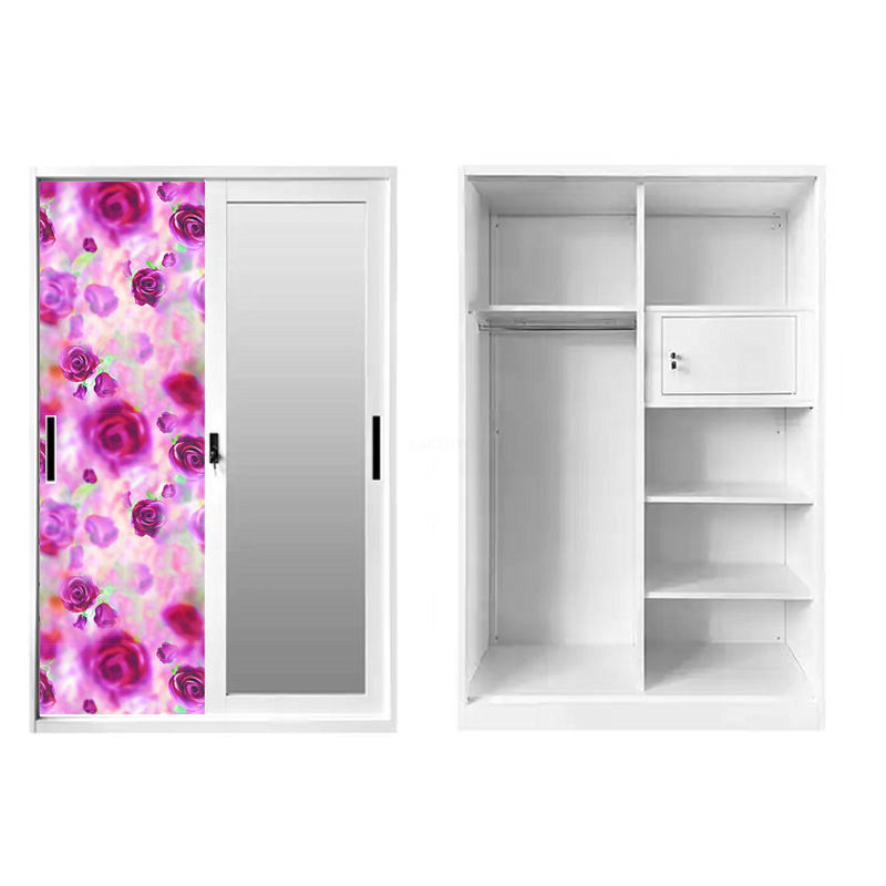 LAKSHYO Wardrobe Factory Price Steel Almirah Metal Cabinet Closet Wardrobe Sliding Door Metal with Mirror Steel Armoire Bedroom