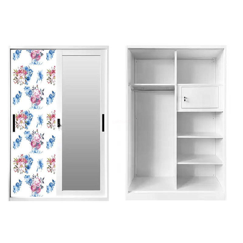 LAKSHYO Wardrobe Factory Price Steel Almirah Metal Cabinet Closet Wardrobe Sliding Door Metal with Mirror Steel Armoire Bedroom