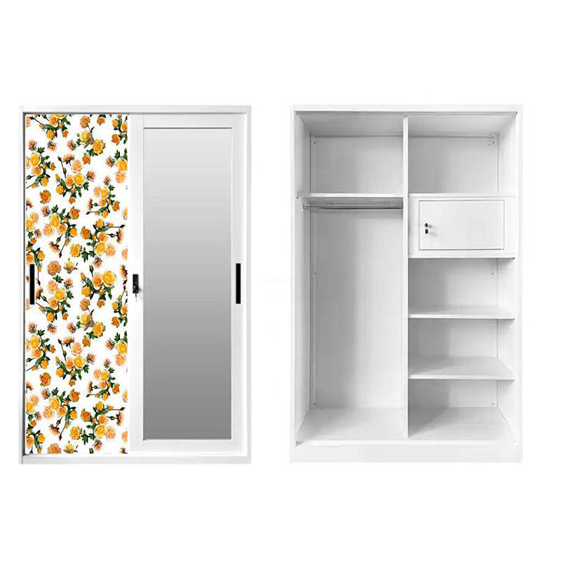 LAKSHYO Wardrobe Factory Price Steel Almirah Metal Cabinet Closet Wardrobe Sliding Door Metal with Mirror Steel Armoire Bedroom