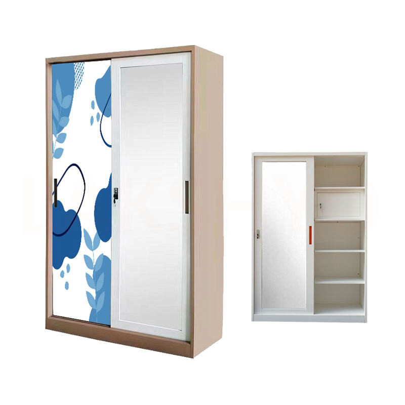 Wardrobes Mirror Metal Printed Sliding Door Steel Almirah Lemari Pakaian Besi Steel Closet Metal Wardrobe Closet