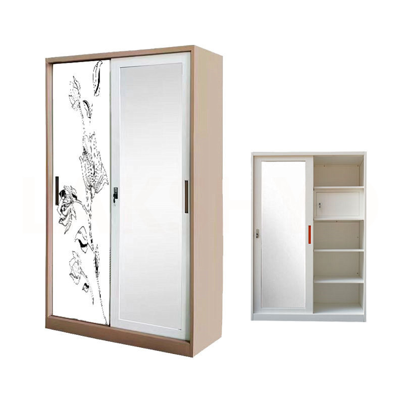 Wardrobes Mirror Metal Printed Sliding Door Steel Almirah Lemari Pakaian Besi Steel Closet Metal Wardrobe Closet