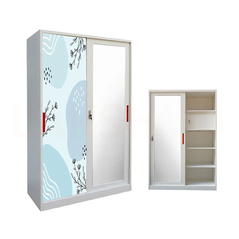 Wardrobes Mirror Metal Printed Sliding Door Steel Almirah Lemari Pakaian Besi Steel Closet Metal Wardrobe Closet