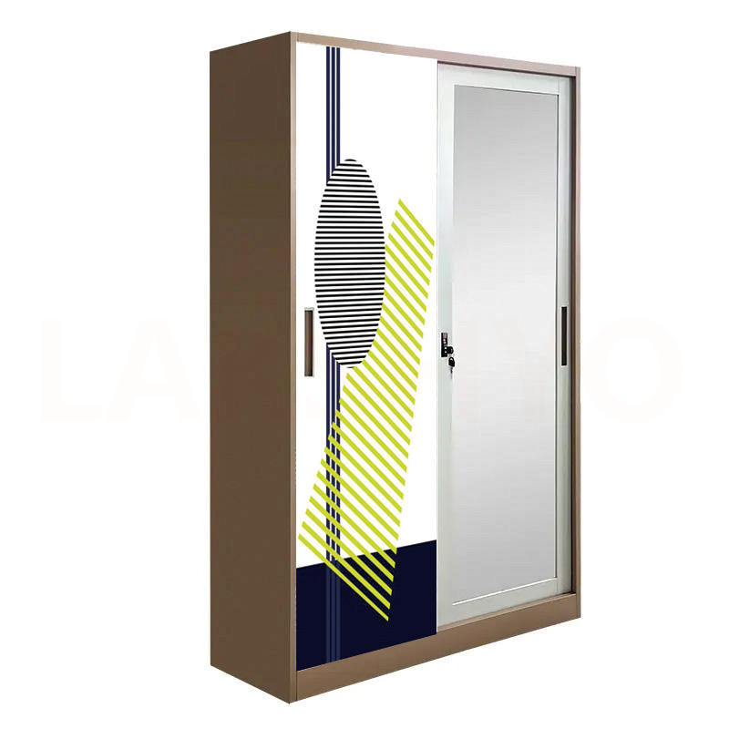 Wardrobes Mirror Metal Printed Sliding Door Steel Almirah Lemari Pakaian Besi Steel Closet Metal Wardrobe Closet