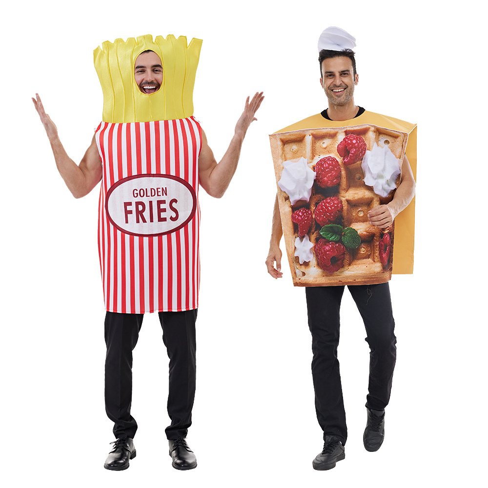 Stock Free Size Funny Cosplay Food Costume Halloween Costume Unisex Performance One Piece Suits For Men Fries Waffler Costume