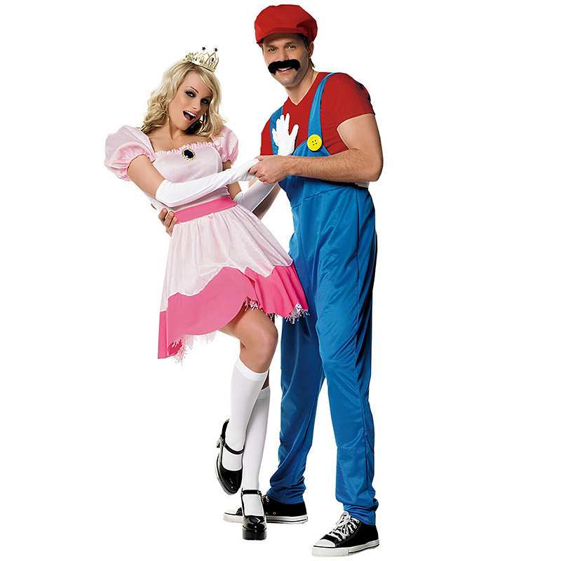 Halloween Dress Women's Princess Peach Complete Game Super Mario & Biki Princess Dress Cosplay Uniform Couple Outfit