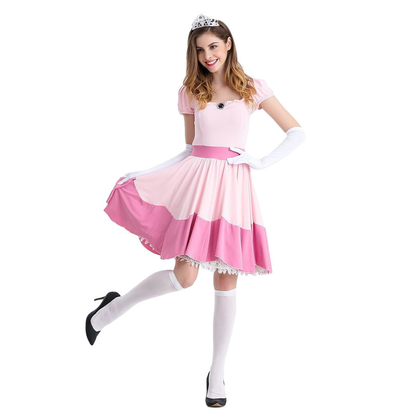 Halloween Dress Women's Princess Peach Complete Game Super Mario & Biki Princess Dress Cosplay Uniform Couple Outfit