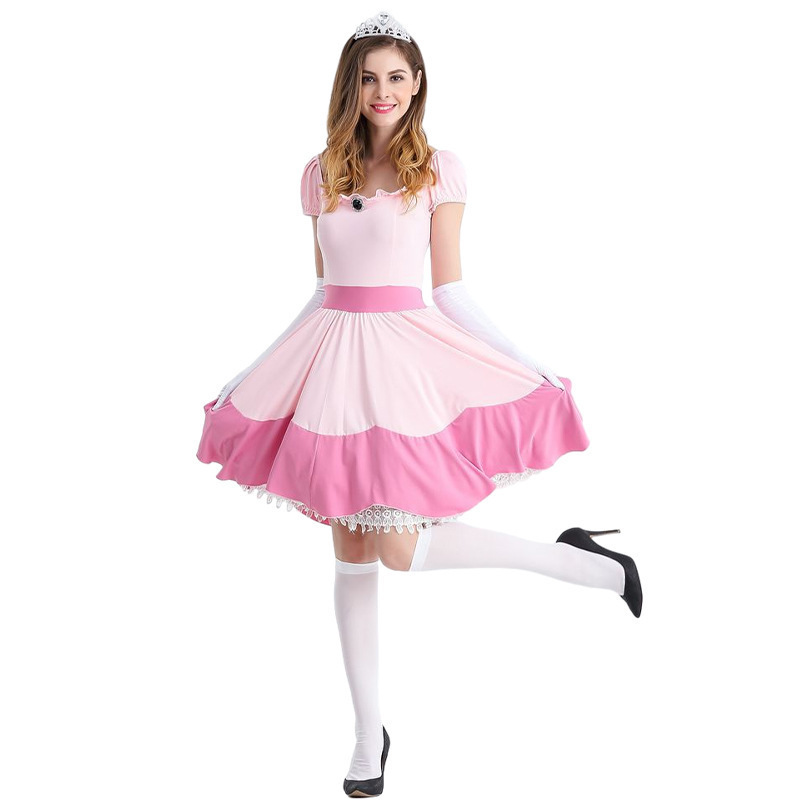 Halloween Dress Women's Princess Peach Complete Game Super Mario & Biki Princess Dress Cosplay Uniform Couple Outfit