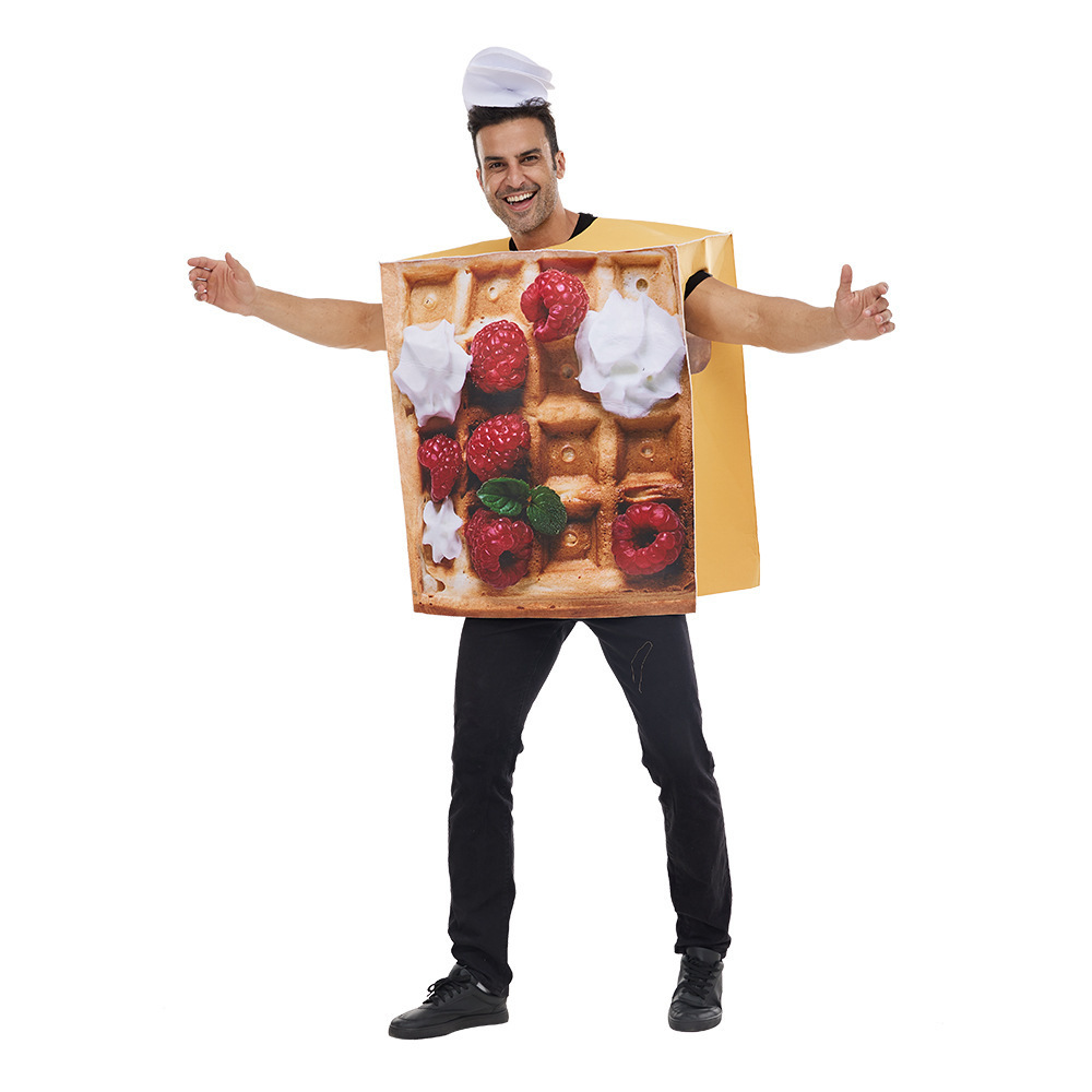 Stock Free Size Funny Cosplay Food Costume Halloween Costume Unisex Performance One Piece Suits For Men Fries Waffler Costume