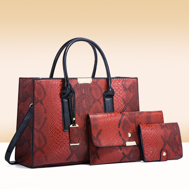 2022 wholesale red snake pattern women hand bags set shoulder tote 3pcs purse ladies handbag