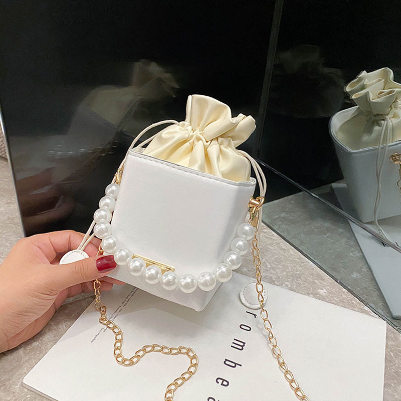 2020 Fashion Drawstring Pearl Chain Bucket Bag PU Leather Shoulder Lady Designer Crossbody Messenger Box Purse and Handbags